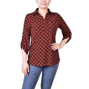 NY Collection Top Womens Petite PM Coral Roll Tab Collared Blouse Peasant NWT